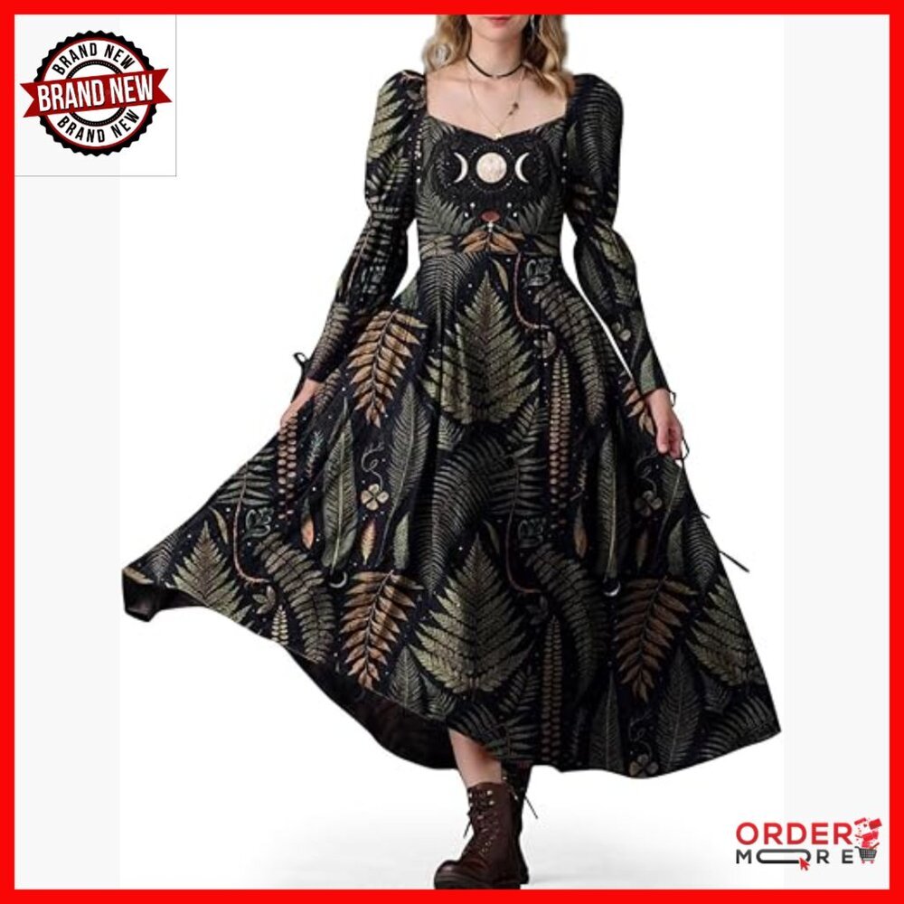Long Sleeve Maxi Dress Boho Flowy A-Line Square Neck Loose Fit